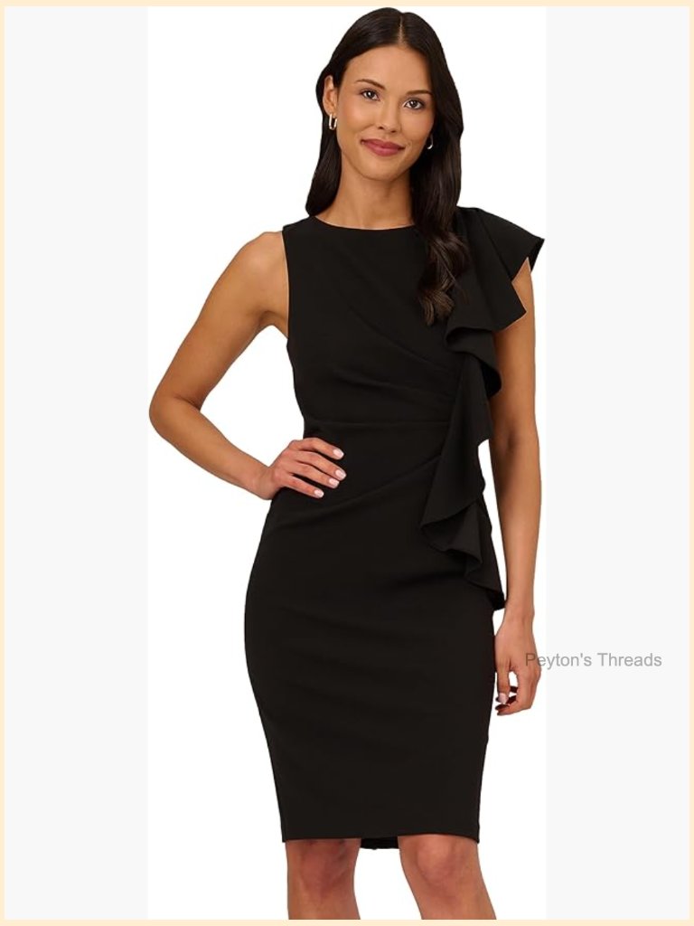 Stretch Crepe Side Ruffle Cocktail Dress - Sleeveless Sheath